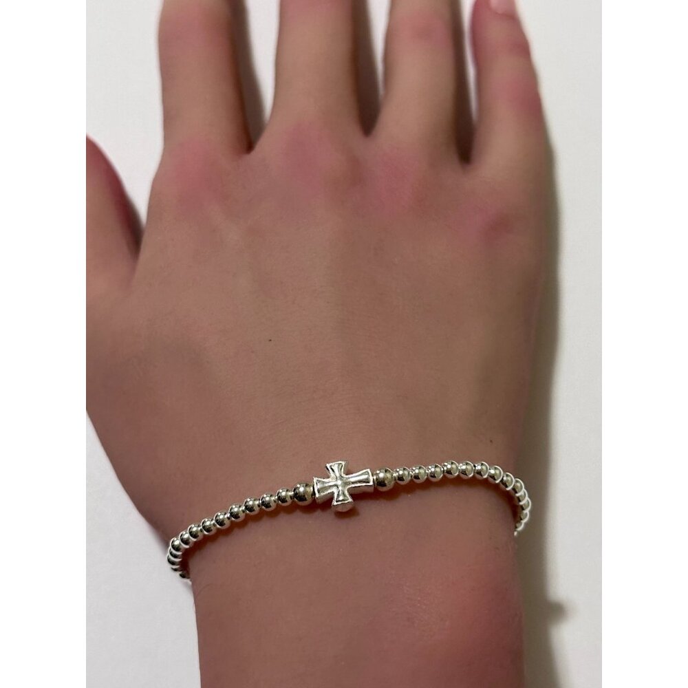 925 Sterling Silver Beaded Stretch Stacking Bracelet Minimalist Cross Religious - Picture 3 of 5